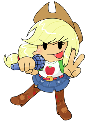 Size: 631x898 | Tagged: safe, alternate version, artist:batipin, applejack, equestria girls, g4, chibi, clothes, female, friday night funkin', microphone, open mouth, peace sign, shoes, simple background, solo, transparent background