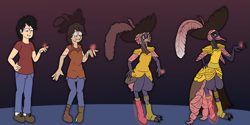 Size: 4301x2152 | Tagged: safe, artist:dommerik, avian, amputee, hat, human to anthro, jewelry, limb loss, madame harpy, male to female, peg leg, pirate hat, prosthetic leg, prosthetic limb, prosthetics, ring, rule 63, transformation, transformation sequence, transgender transformation