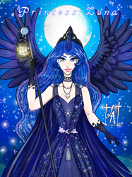 Size: 1024x1366 | Tagged: safe, artist:ladyadalicia, princess luna, human, g4, alicorn humanization, clothes, dress, ethereal mane, evening gloves, female, full moon, gloves, halo, horn, horned humanization, humanized, jewelry, lantern, long gloves, moon, moon halo, solo, spread wings, starry mane, stars, tiara, winged humanization, wings