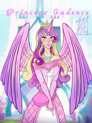 Size: 1280x1708 | Tagged: safe, artist:ladyadalicia, princess cadance, human, g4, alicorn humanization, clothes, crystal empire, dress, female, horn, horned humanization, humanized, jewelry, necklace, outdoors, smiling, solo, winged humanization