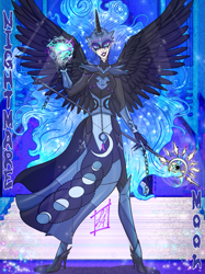 Size: 1049x1400 | Tagged: safe, artist:ladyadalicia, nightmare moon, human, g4, alicorn humanization, clothes, ethereal mane, female, glowing hands, horn, horned humanization, humanized, mask, smiling, smirk, solo, spread wings, starry mane, winged humanization, wings