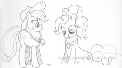 Size: 1000x555 | Tagged: safe, artist:rlynn-art, applejack, pinkie pie, earth pony, pony, g4, duo, eyelashes, female, hat, lineart, mare, monochrome, peytral, traditional art