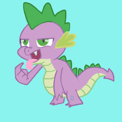 Size: 550x547 | Tagged: safe, artist:rlynn-art, spike, dragon, g4, the ticket master, blue background, fangs, male, simple background, solo, tongue out