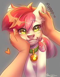 Size: 1800x2300 | Tagged: safe, artist:draco zero, roseluck, earth pony, human, pony, g4, behaving like a cat, bell, bell collar, collar, commission, commissioner:doom9454, cute, cyrillic, female, human on pony petting, mare, petting, pony pet, purring, rosepet, russian, translated in the description