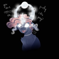 Size: 2000x2000 | Tagged: safe, artist:xaneyraccoon, oc, oc only, pony, black background, bust, chest fluff, glowing, glowing eyes, glowing horn, high res, horn, sharp teeth, simple background, solo, sombra eyes, talking, teeth
