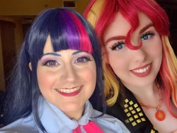 Size: 1080x810 | Tagged: safe, artist:maddymoiselle, artist:sarahndipity cosplay, edit, sunset shimmer, twilight sparkle, human, equestria girls, g4, my little pony equestria girls: better together, clothes, cosplay, costume, everfree northwest 2019, grin, irl, irl human, photo, selfie, smiling