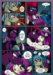 Size: 2480x3508 | Tagged: safe, artist:dsana, fizzlepop berrytwist, tempest shadow, oc, oc:fireweed, oc:lullaby dusk, oc:thistledown, earth pony, pegasus, pony, unicorn, comic:a storm's lullaby, blushing, comic, crying, kissing, this will end in death