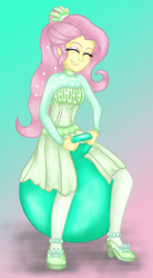 Size: 1280x2319 | Tagged: safe, artist:deannaphantom13, fluttershy, equestria girls, g4, my little pony equestria girls: better together, so much more to me, ball, bouncing, bouncy ball, clothes, dress, eyes closed, funny, smiling, space hopper