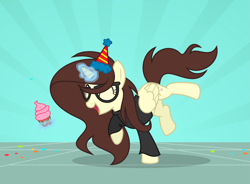 Size: 3059x2251 | Tagged: safe, artist:darbypop1, oc, oc:darby, alicorn, pony, clothes, cupcake, female, food, glasses, hat, high res, mare, party hat, solo