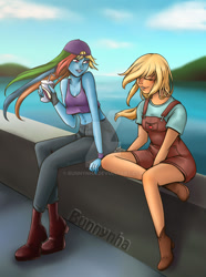 Size: 1024x1380 | Tagged: safe, artist:bunnynha, applejack, rainbow dash, human, g4, bare shoulders, clothes, deviantart watermark, humanized, obtrusive watermark, overalls, pants, pony coloring, sleeveless, tank top, watermark