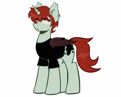 Size: 3445x2756 | Tagged: safe, artist:k0br4, oc, oc only, oc:mxmx fw, bat pony, bat pony unicorn, hybrid, pony, unicorn, bat pony oc, bat wings, clothes, ear fluff, eyebrows, eyebrows visible through hair, fangs, high res, horn, male, redesign, sad, simple background, solo, white background, wings