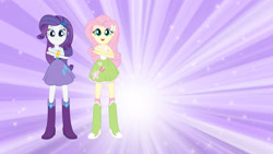 Size: 3410x1920 | Tagged: safe, screencap, fluttershy, rarity, equestria girls, g4, belt, blue eyes, boots, bracelet, clothes, cutie mark on clothes, duo, duo female, eg stomp, female, hairpin, high heel boots, jewelry, looking at you, open mouth, open smile, shirt, shoes, skirt, smiling, socks