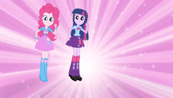 Size: 3410x1920 | Tagged: safe, screencap, pinkie pie, twilight sparkle, equestria girls, g4, boots, clothes, cutie mark on clothes, duo, duo female, eg stomp, female, shoes, smiling