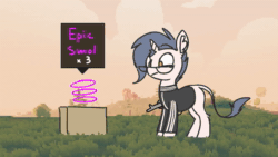 Size: 1280x720 | Tagged: safe, artist:shydale, oc, oc only, oc:yodi, classical unicorn, pony, unicorn, animated, box, clothes, cloven hooves, ear fluff, glasses, glowing, glowing horn, grass, halo, horn, leonine tail, male, pixelated, potato pony, shrinking, solo, sound, tail, text, totally accurate battlegrounds, tracksuit, unshorn fetlocks, weapon, webm