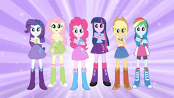 Size: 3410x1920 | Tagged: safe, screencap, applejack, fluttershy, pinkie pie, rainbow dash, rarity, twilight sparkle, equestria girls, g4, applejack's hat, belt, boots, bracelet, clothes, cowboy boots, cowboy hat, cutie mark on clothes, dancing, denim skirt, eg stomp, female, grin, hairpin, hat, humane five, humane six, jewelry, looking at you, magic of friendship (equestria girls), open mouth, open smile, shoes, skirt, smiling, smiling at you