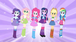 Size: 3410x1920 | Tagged: safe, screencap, applejack, fluttershy, pinkie pie, rainbow dash, rarity, twilight sparkle, equestria girls, g4, applejack's hat, belt, boots, bracelet, clothes, cowboy boots, cowboy hat, cutie mark on clothes, denim skirt, eg stomp, female, hairpin, hat, humane five, humane six, jewelry, magic of friendship (equestria girls), shoes, skirt, smiling