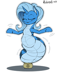 Size: 1600x2000 | Tagged: safe, artist:rubiont, oc, oc only, oc:triksa, original species, pony, snake, snake pony, cute, dancing, eyes closed, fat, fat tail, horn, scp, scp foundation, simple background, smiling, snake pot, solo, tail, transparent background