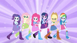 Size: 3410x1920 | Tagged: safe, screencap, applejack, fluttershy, pinkie pie, rainbow dash, rarity, twilight sparkle, equestria girls, g4, >:d, applejack's hat, belt, boots, bracelet, clothes, cowboy boots, cowboy hat, cutie mark on clothes, denim skirt, eg stomp, evil smile, female, grin, hairpin, hat, humane five, humane six, jewelry, magic of friendship (equestria girls), open mouth, open smile, shoes, skirt, smiling