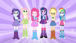 Size: 3410x1920 | Tagged: safe, screencap, applejack, fluttershy, pinkie pie, rainbow dash, rarity, twilight sparkle, equestria girls, g4, my little pony equestria girls, applejack's hat, belt, boots, bracelet, clothes, cowboy boots, cowboy hat, cutie mark on clothes, denim skirt, eg stomp, eyes closed, female, grin, hairpin, hat, high heel boots, humane five, humane six, jacket, jewelry, magic of friendship (equestria girls), open mouth, open smile, shirt, shoes, skirt, smiling, socks, sweet dreams fuel, vest