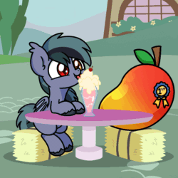 Size: 1000x1000 | Tagged: safe, artist:sugar morning, oc, oc only, oc:scrimmy, bat pony, pony, animated, bat pony oc, bat wings, commission, complex background, cute, food, gif, gray coat, hay bale, haystack, heterochromia, holiday, licking, mango, milkshake, ocbetes, sitting, smiling, table, tongue out, valentine's day, waifu dinner, wings, ych result