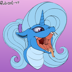 Size: 1500x1500 | Tagged: safe, artist:rubiont, oc, oc:triksa, lamia, original species, snake, snake pony, unicorn, bust, fangs, female, forked tongue, glottis, gradient background, heart eyes, implied vore, lamiafied, maw, mawshot, mouth, not trixie, open mouth, portrait, smiling, solo, species swap, throat, throat bulge, tongue out, tongue sheath, wide throat, wingding eyes