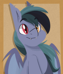 Size: 1200x1400 | Tagged: safe, artist:modularpon, oc, oc only, oc:scrimmy, bat pony, animated, bat pony oc, bat wings, blinking, ear flick, heterochromia, rawr, simple background, smiling, solo, twitching, wings