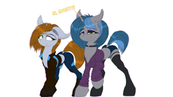 Size: 1920x1080 | Tagged: safe, artist:coreboot, oc, oc:homage, oc:littlepip, pony, unicorn, fallout equestria, alternate design, boots, chest fluff, clothes, cyberpunk, ear piercing, female, garter belt, garters, horn, jacket, jeans, lesbian, lip piercing, makeup, oc x oc, one ear down, pants, piercing, ship:pipmage, shipping, shoes, shorts, simple background, small horn, solo, sticker, stockings, tail, tail hole, thigh garters, thigh highs, transparent background