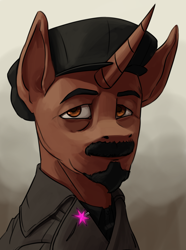 Size: 3120x4200 | Tagged: safe, artist:neither, pony, unicorn, equestria at war mod, beard, clothes, facial hair, hat, moustache, nicolai bukharin, ponified, solo, the new order: last days of europe