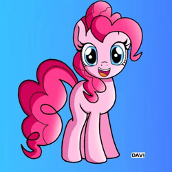 Size: 719x719 | Tagged: safe, artist:davisonic1, pinkie pie, earth pony, pony, g4, blue background, cute, female, full body, hooves, looking at you, mare, open mouth, open smile, signature, simple background, smiling, smiling at you, solo, standing, tail