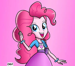 Size: 811x720 | Tagged: safe, artist:davisonic1, pinkie pie, equestria girls, g4, cute, looking at you, open mouth, open smile, pink background, simple background, smiling, smiling at you, vector, waving