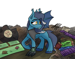 Size: 2000x1574 | Tagged: safe, artist:hiddenfaithy, oc, oc only, oc:stormy night, bat pony, pony, fallout equestria, amputee, bags under eyes, cloak, clothes, ear tufts, emaciated, junkyard, prosthetic leg, prosthetic limb, prosthetics, semi-transparent, simple background, skinny, thin, transparent background