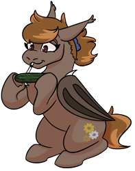 Size: 939x1189 | Tagged: safe, artist:hiddenfaithy, oc, oc only, oc:umber, bat pony, commission, cucumber, drinking, drinking straw, food, herbivore, holding, ponytail, simple background, transparent background