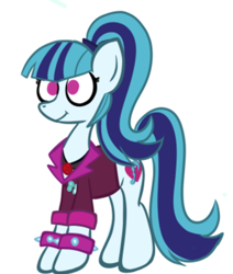 Size: 476x562 | Tagged: safe, artist:alandisc, sonata dusk, earth pony, pony, g4, clothes, disguise, disguised siren, eyelashes, female, gem, mare, no pupils, ponified, ponytail, simple background, siren gem, smiling, solo, white background