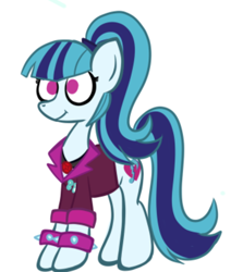 Size: 476x562 | Tagged: safe, artist:alandisc, sonata dusk, earth pony, pony, g4, clothes, disguise, disguised siren, earth pony sonata dusk, equestria girls ponified, eyelashes, female, gem, mare, no pupils, ponified, ponytail, simple background, siren gem, smiling, solo, spiked wristband, white background, wristband