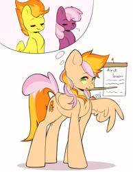 Size: 1700x2190 | Tagged: safe, artist:pledus, cheerilee, spitfire, oc, oc:learning curve, earth pony, pegasus, pony, g4, baton, board, clipboard, commissioner:bigonionbean, dialogue, female, flying, fusion, fusion:cheerilee, fusion:spitfire, letter, mare, paper, simple background, thought bubble, white background, writer:bigonionbean, writing