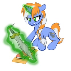 Size: 714x714 | Tagged: safe, artist:jen-neigh, oc, oc only, oc:alloy shaper, pony, unicorn, fallout equestria, fallout equestria: wasteland economics, braid, concentrating, fanfic art, female, magic, simple background, sitting, solo, sword, telekinesis, weapon, whetstone, white background