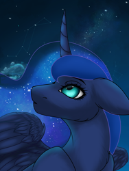Size: 1620x2160 | Tagged: safe, alternate version, artist:ondrea, princess luna, alicorn, pony, bust, constellation, curved horn, ethereal mane, flowing mane, galaxy mane, horn, looking up, night, night sky, portrait, sky, solo, spread wings, stars, wings