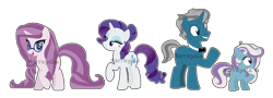 Size: 1280x460 | Tagged: safe, artist:marrayala, fashion plate, rarity, oc, oc:beryl, oc:eveline barrette, pony, unicorn, g4, base used, bowtie, family, father and child, father and daughter, female, filly, foal, glasses, male, mare, mother and child, mother and daughter, offspring, parent:fashion plate, parent:rarity, parents:rariplate, rariplate, shipping, simple background, stallion, straight, transparent background, watermark