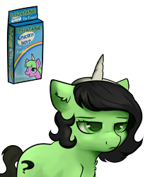 Size: 2200x2600 | Tagged: safe, artist:dumbwoofer, oc, oc:filly anon, earth pony, pony, box, female, filly, foal, high res, horn, inflatable toy, simple background, solo, transparent background, unamused