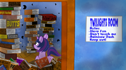 Size: 1029x578 | Tagged: safe, artist:mareijuana, twilight sparkle, pony, unicorn, g4, bible, book, book title humor, butt, butts, female, indoors, looking at something, meme, sitting, solo, that pony sure does love books, unicorn twilight, whiteboard
