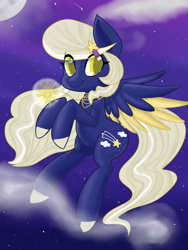 Size: 768x1024 | Tagged: safe, artist:stubbornstallion, oc, oc:starfall, pegasus, pony, blonde mane, blonde tail, coat markings, colored pupils, colored wings, eye clipping through hair, female, flying, glowing, hairclip, jewelry, link in description, long mane, mare, mist, moon, necklace, night, night sky, pegasus oc, sky, smiling, socks (coat markings), stars, striped mane, striped tail, tail, two toned wings, wings, yellow eyes