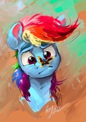 Size: 3770x5353 | Tagged: safe, artist:rigbyh00ves, rainbow dash, butterfly, pegasus, pony, g4, abstract background, bust, butterfly on nose, female, insect on nose, mare, portrait, solo