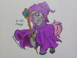 Size: 1280x961 | Tagged: safe, artist:soulfulmirror, oc, oc only, oc:soulful mirror, pony, clothes, glasses, hat, ponysona, solo, staff, traditional art, wizard hat, wizard robe