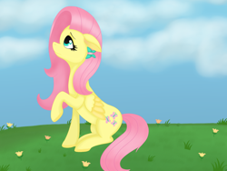 Size: 1280x960 | Tagged: safe, artist:sashamoon0567, fluttershy, pegasus, pony, g4, female, floppy ears, flower, folded wings, grass, hair accessory, looking up, mare, outdoors, profile, raised hoof, sitting, solo, wings