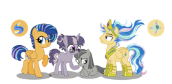 Size: 1280x631 | Tagged: safe, artist:yonipony, oc, oc only, oc:abbigail, oc:cloudy nightfall, oc:prince solaris galaxy, oc:summer sunset, alicorn, earth pony, pegasus, pony, unicorn, g4, male alicorn, male alicorn oc, offspring, parent:flash sentry, parent:twilight sparkle, parents:flashlight, siblings, simple background, transparent background