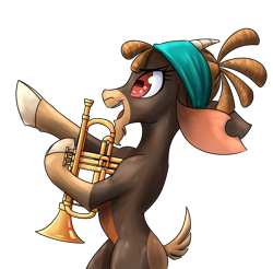 Size: 1221x1200 | Tagged: safe, artist:thescornfulreptilian, shanty (tfh), goat, them's fightin' herds, community related, musical instrument, rectangular pupil, simple background, solo, transparent background, trumpet