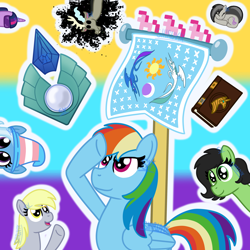 Size: 3000x3000 | Tagged: safe, artist:shiruvix, derpy hooves, discord, octavia melody, pinkie pie, rainbow dash, trixie, twilight sparkle, oc, oc:filly anon, earth pony, pegasus, pony, unicorn, g4, g5, 8-bit, among us, april fools, april fools 2022, book, clone, crystal, earth pony crystal, female, filly, flag of equestria, high res, journal, no eyes, outline, pegasus crystal, pixel art, r/place, reddit, salute, twilight's journal, unicorn crystal, unity crystals, white outline