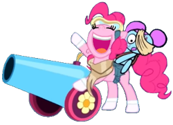 Size: 395x286 | Tagged: safe, artist:jakeneutron, pinkie pie, earth pony, pony, g4, bag, bandage, cannon, clothes, crossover, duo, dusk till dawn, eyes closed, friday night funkin', goggles, hair bun, open mouth, party cannon, pibby, riding a pony, saddle bag, scarf, scratches, simple background, smiling, socks, transparent background, volumetric mouth