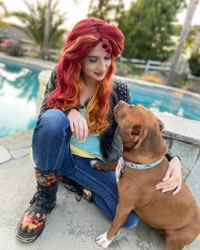 Size: 1080x1350 | Tagged: safe, sunset shimmer, dog, human, pitbull, equestria girls, g4, clothes, cosplay, costume, irl, irl human, photo