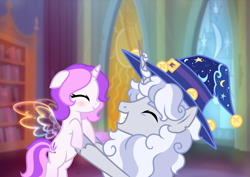 Size: 2686x1899 | Tagged: safe, artist:equmoria, star swirl the bearded, oc, oc:sparkiss, oc:star sliverswirl the bearded, alicorn, pony, unicorn, g4, alternate design, artificial wings, augmented, cute, daddy star swirl, duo, eyes closed, grandfather and grandchild, hat, holding a pony, kinsona, male, ocbetes, swirlabetes, wings, wizard hat